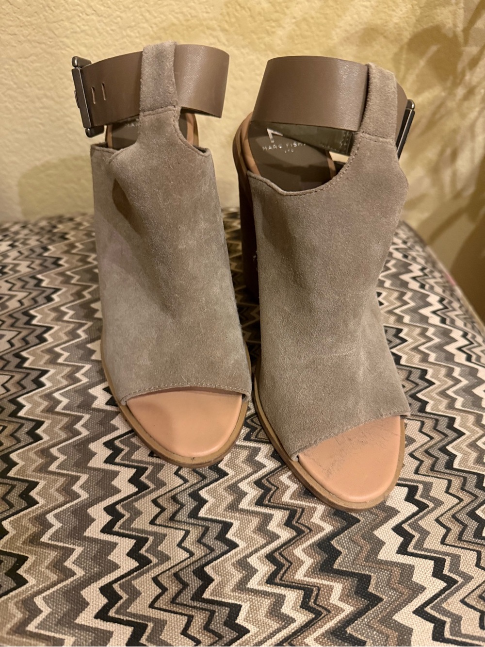 Marc Fisher 8 1/2 Taupe Suede Peep-Toe Ankle Heels with Ankle Strap